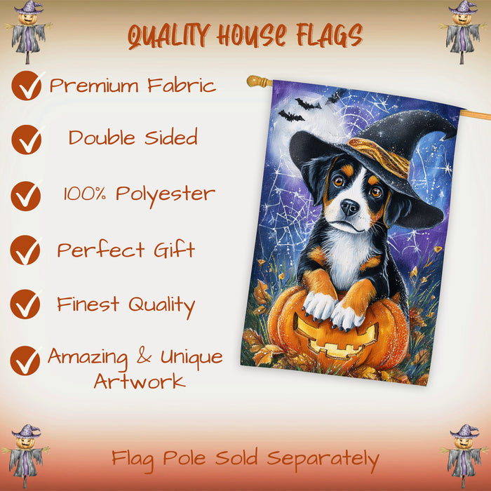 Greater Swiss Mountain Dog Halloween Autumn and Thanksgiving House Flag 28 x 40 Inch Fall Outdoor Yard Decor with Pumpkin and Spider Web Design