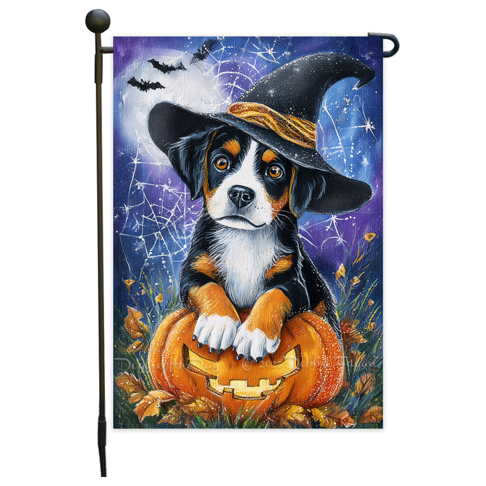Greater Swiss Mountain Dog Halloween Pumpkin Yard Flag with Spooky Spider Web Design for Fall Outdoor Garden Decor 12.5 x 18 Inch Single or Double Sided