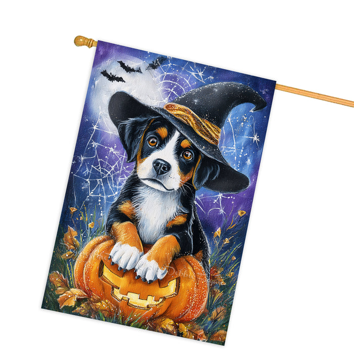 Greater Swiss Mountain Dog Halloween Autumn and Thanksgiving House Flag 28 x 40 Inch Fall Outdoor Yard Decor with Pumpkin and Spider Web Design