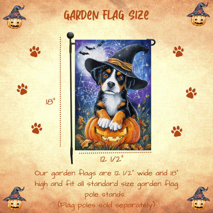 Greater Swiss Mountain Dog Halloween Pumpkin Yard Flag with Spooky Spider Web Design for Fall Outdoor Garden Decor 12.5 x 18 Inch Single or Double Sided