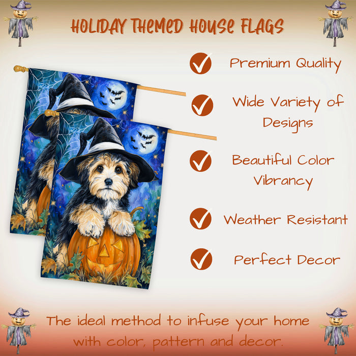 Havanese Halloween Autumn and Thanksgiving House Flag 28 x 40 Inch Pumpkin Bat Witch Hat Dog Yard Decor for Porch or Home Outdoor Display