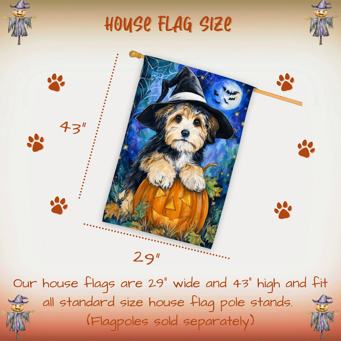 Havanese Halloween Autumn and Thanksgiving House Flag 28 x 40 Inch Pumpkin Bat Witch Hat Dog Yard Decor for Porch or Home Outdoor Display