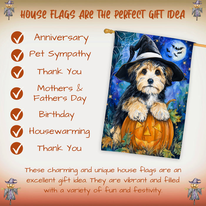 Havanese Halloween Autumn and Thanksgiving House Flag 28 x 40 Inch Pumpkin Bat Witch Hat Dog Yard Decor for Porch or Home Outdoor Display
