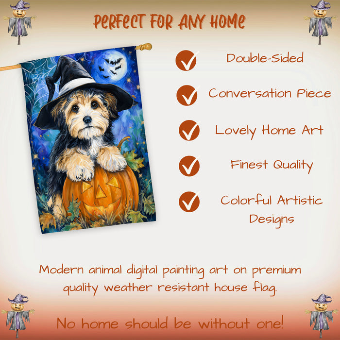 Havanese Halloween Autumn and Thanksgiving House Flag 28 x 40 Inch Pumpkin Bat Witch Hat Dog Yard Decor for Porch or Home Outdoor Display