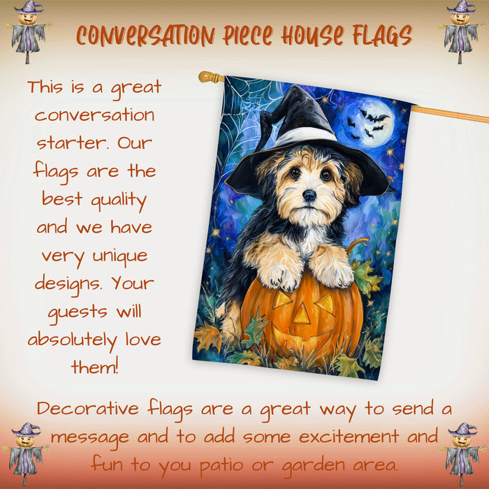 Havanese Halloween Autumn and Thanksgiving House Flag 28 x 40 Inch Pumpkin Bat Witch Hat Dog Yard Decor for Porch or Home Outdoor Display