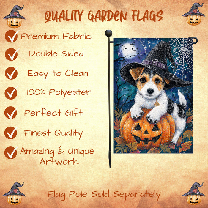 Jack Russell Halloween Witch Hat Garden Flag 12.5 x 18 Inch Fall Pumpkin Spider Web Outdoor Yard Decor for Porch or Lawn Single or Double Sided