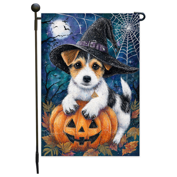 Jack Russell Halloween Witch Hat Garden Flag 12.5 x 18 Inch Fall Pumpkin Spider Web Outdoor Yard Decor for Porch or Lawn Single or Double Sided