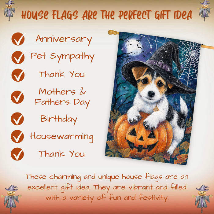 Jack Russell Halloween Witch Hat House Flag 28 x 40 Inch Double Sided Fall Pumpkin Spider Web Porch Banner Outdoor Autumn Yard Decoration