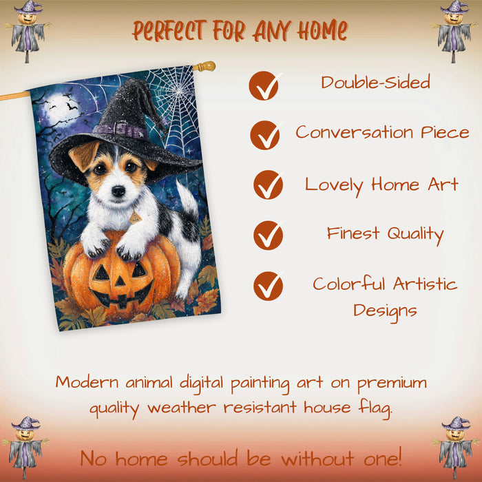 Jack Russell Halloween Witch Hat House Flag 28 x 40 Inch Double Sided Fall Pumpkin Spider Web Porch Banner Outdoor Autumn Yard Decoration