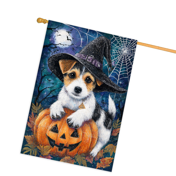 Jack Russell Halloween Witch Hat House Flag 28 x 40 Inch Double Sided Fall Pumpkin Spider Web Porch Banner Outdoor Autumn Yard Decoration