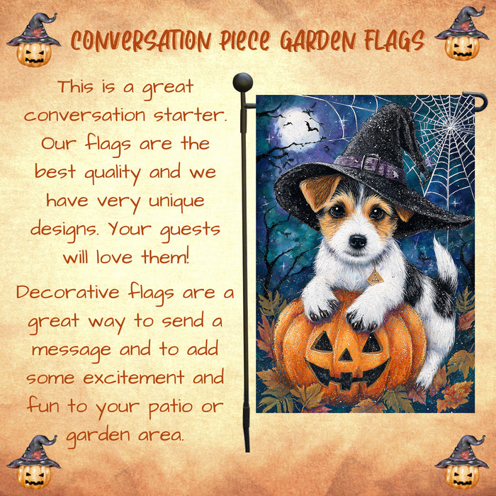 Jack Russell Halloween Witch Hat Garden Flag 12.5 x 18 Inch Fall Pumpkin Spider Web Outdoor Yard Decor for Porch or Lawn Single or Double Sided