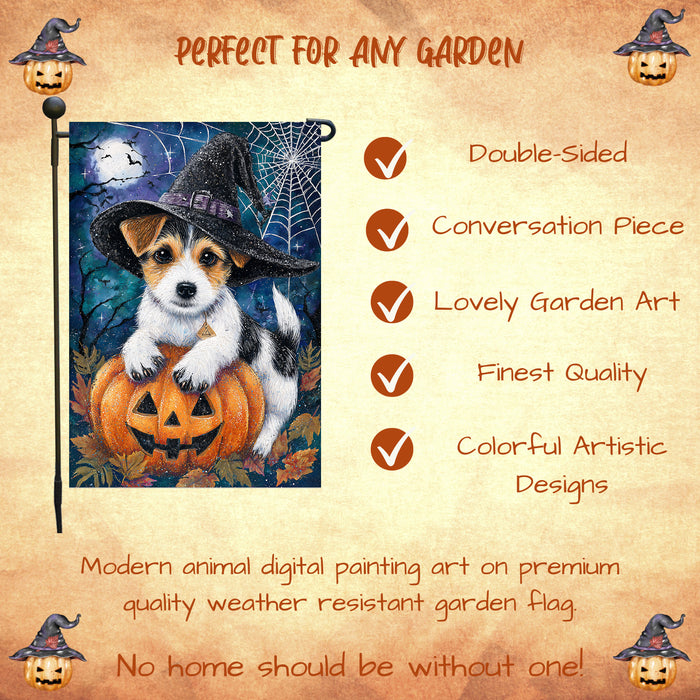 Jack Russell Halloween Witch Hat Garden Flag 12.5 x 18 Inch Fall Pumpkin Spider Web Outdoor Yard Decor for Porch or Lawn Single or Double Sided