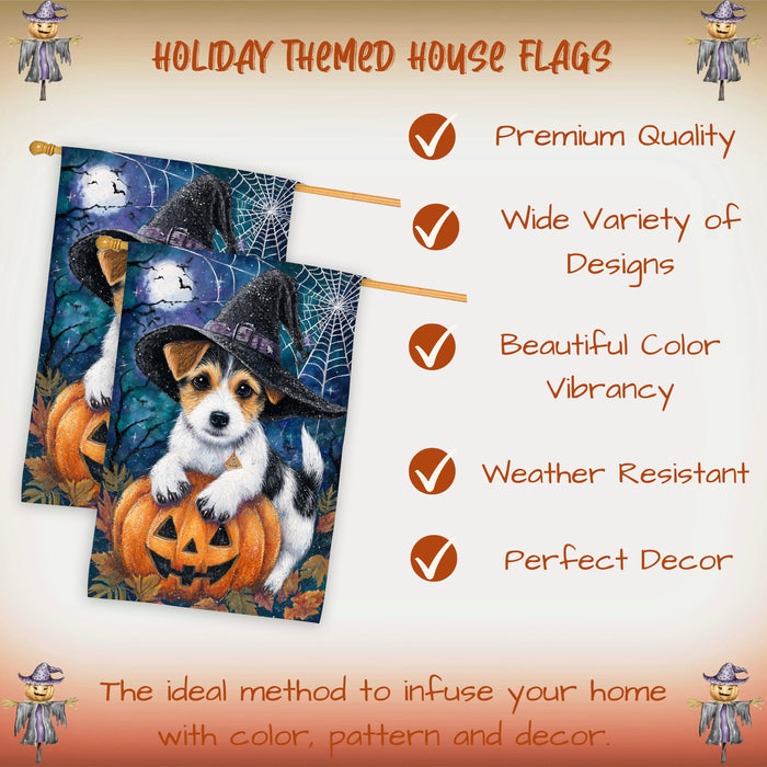 Jack Russell Halloween Witch Hat House Flag 28 x 40 Inch Double Sided Fall Pumpkin Spider Web Porch Banner Outdoor Autumn Yard Decoration