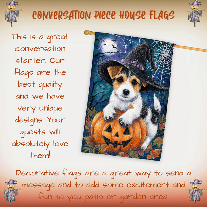 Jack Russell Halloween Witch Hat House Flag 28 x 40 Inch Double Sided Fall Pumpkin Spider Web Porch Banner Outdoor Autumn Yard Decoration
