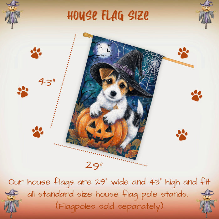 Jack Russell Halloween Witch Hat House Flag 28 x 40 Inch Double Sided Fall Pumpkin Spider Web Porch Banner Outdoor Autumn Yard Decoration