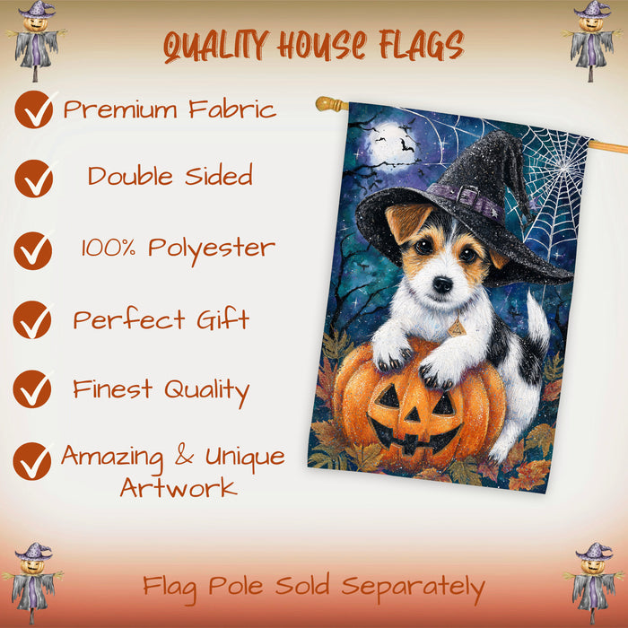 Jack Russell Halloween Witch Hat House Flag 28 x 40 Inch Double Sided Fall Pumpkin Spider Web Porch Banner Outdoor Autumn Yard Decoration