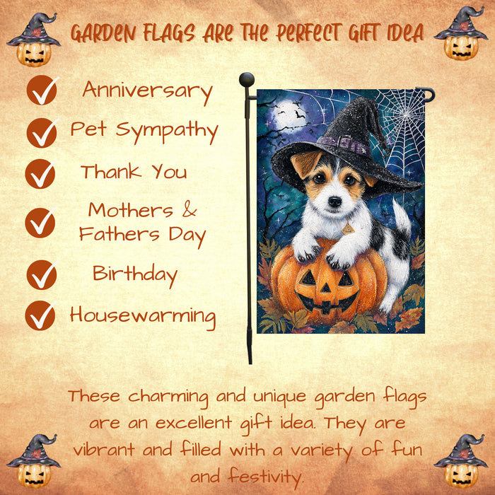 Jack Russell Halloween Witch Hat Garden Flag 12.5 x 18 Inch Fall Pumpkin Spider Web Outdoor Yard Decor for Porch or Lawn Single or Double Sided