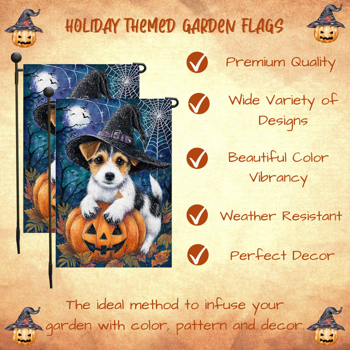 Jack Russell Halloween Witch Hat Garden Flag 12.5 x 18 Inch Fall Pumpkin Spider Web Outdoor Yard Decor for Porch or Lawn Single or Double Sided
