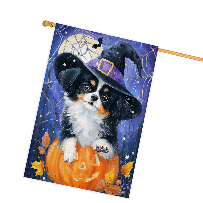 Japanese Chin Halloween Witch Hat House Flag 28 x 40 Inch Double Sided Pumpkin Spider Web Fall Porch Banner Outdoor Yard Decoration