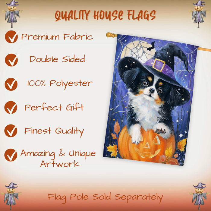 Japanese Chin Halloween Witch Hat House Flag 28 x 40 Inch Double Sided Pumpkin Spider Web Fall Porch Banner Outdoor Yard Decoration