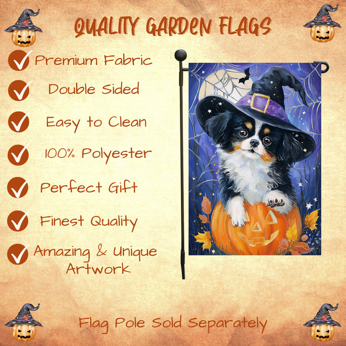Japanese Chin Halloween Garden Flag 12.5 x 18 Inch Pumpkin Spider Web Witch Hat Dog Decor Spooky Fall Yard Banner Single or Double Sided