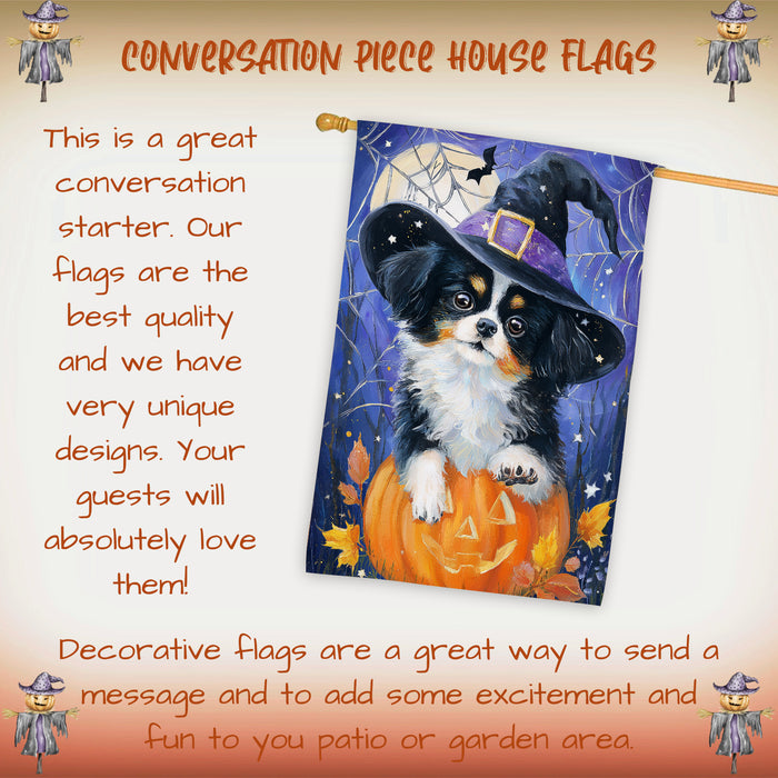 Japanese Chin Halloween Witch Hat House Flag 28 x 40 Inch Double Sided Pumpkin Spider Web Fall Porch Banner Outdoor Yard Decoration