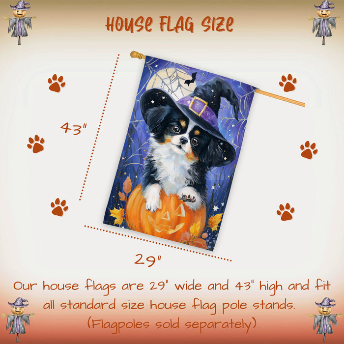 Japanese Chin Halloween Witch Hat House Flag 28 x 40 Inch Double Sided Pumpkin Spider Web Fall Porch Banner Outdoor Yard Decoration