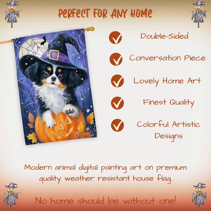 Japanese Chin Halloween Witch Hat House Flag 28 x 40 Inch Double Sided Pumpkin Spider Web Fall Porch Banner Outdoor Yard Decoration