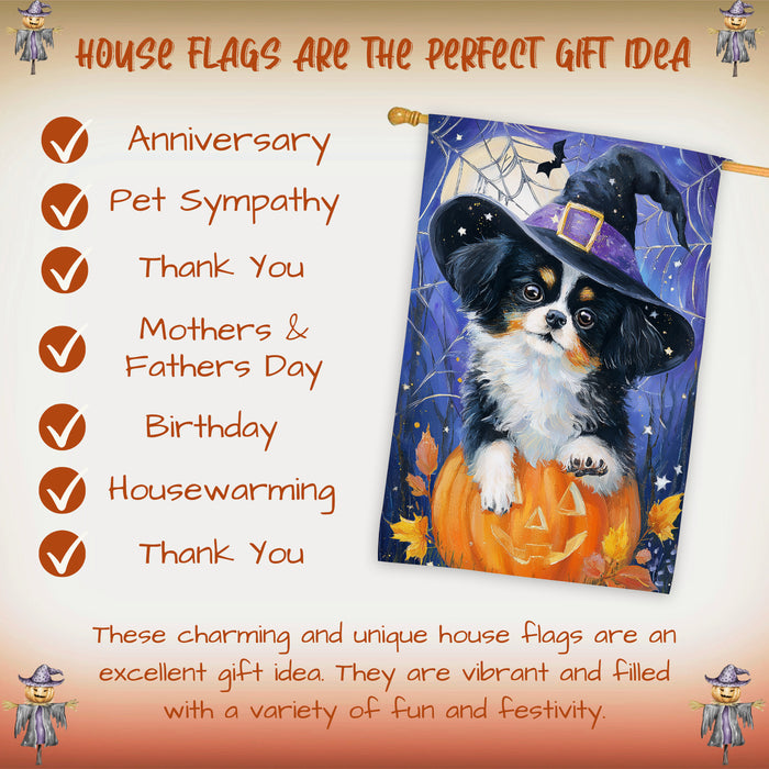 Japanese Chin Halloween Witch Hat House Flag 28 x 40 Inch Double Sided Pumpkin Spider Web Fall Porch Banner Outdoor Yard Decoration