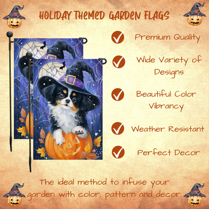 Japanese Chin Halloween Garden Flag 12.5 x 18 Inch Pumpkin Spider Web Witch Hat Dog Decor Spooky Fall Yard Banner Single or Double Sided