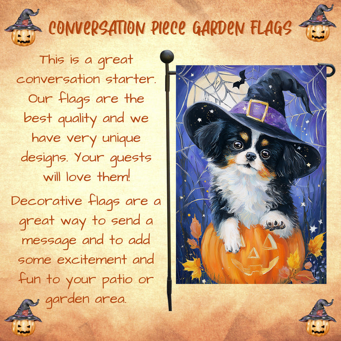 Japanese Chin Halloween Garden Flag 12.5 x 18 Inch Pumpkin Spider Web Witch Hat Dog Decor Spooky Fall Yard Banner Single or Double Sided