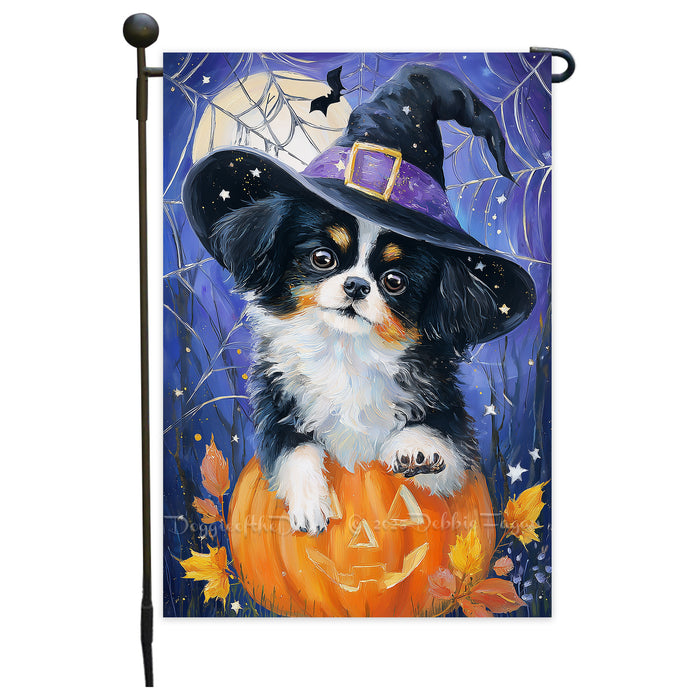 Japanese Chin Halloween Garden Flag 12.5 x 18 Inch Pumpkin Spider Web Witch Hat Dog Decor Spooky Fall Yard Banner Single or Double Sided