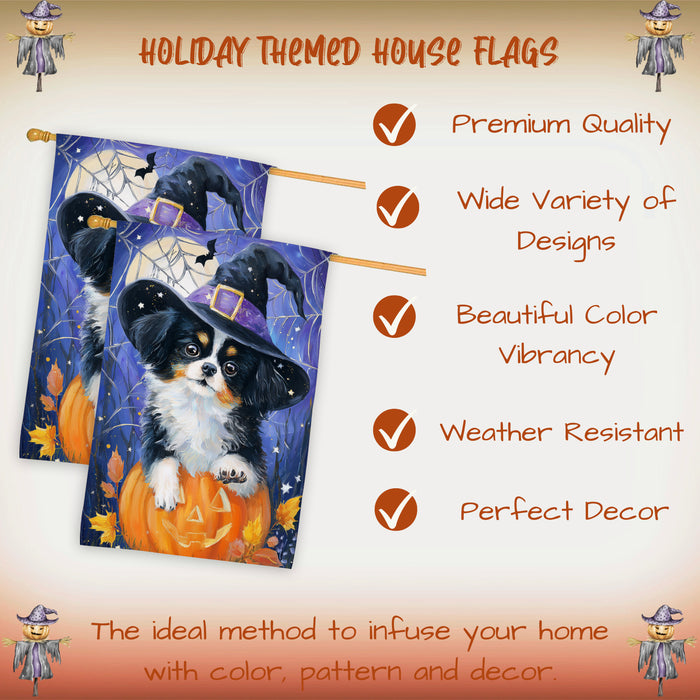 Japanese Chin Halloween Witch Hat House Flag 28 x 40 Inch Double Sided Pumpkin Spider Web Fall Porch Banner Outdoor Yard Decoration