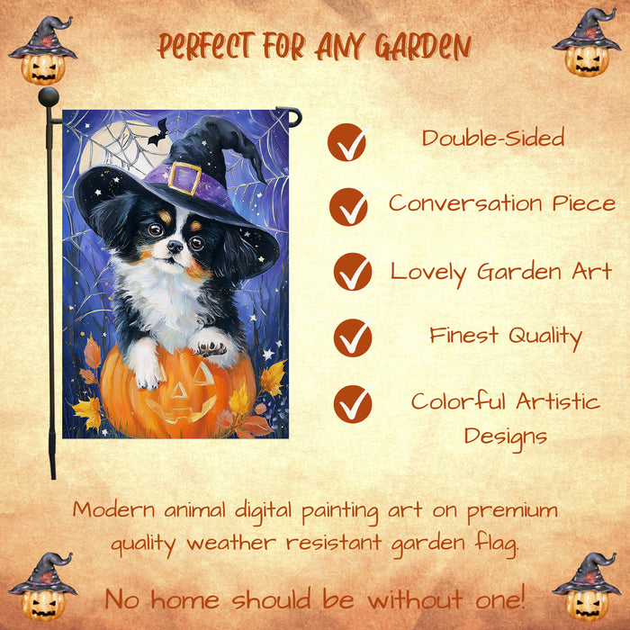 Japanese Chin Halloween Garden Flag 12.5 x 18 Inch Pumpkin Spider Web Witch Hat Dog Decor Spooky Fall Yard Banner Single or Double Sided
