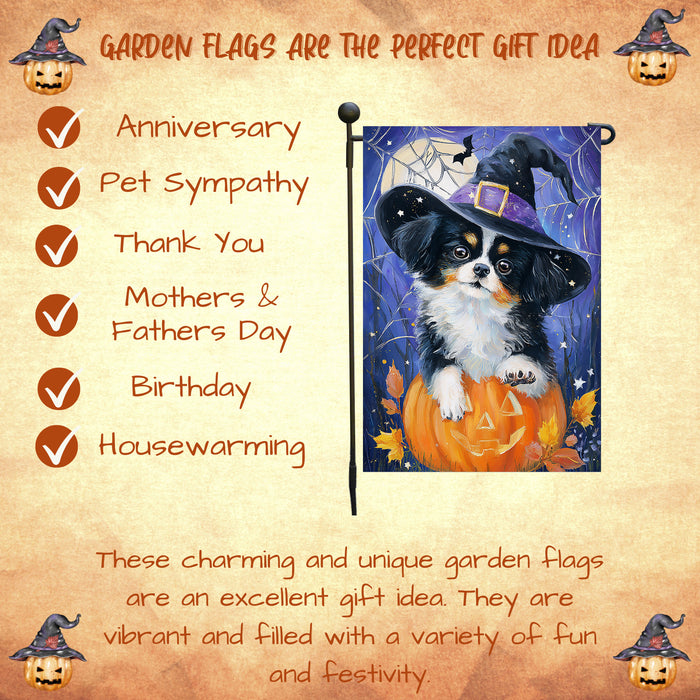 Japanese Chin Halloween Garden Flag 12.5 x 18 Inch Pumpkin Spider Web Witch Hat Dog Decor Spooky Fall Yard Banner Single or Double Sided