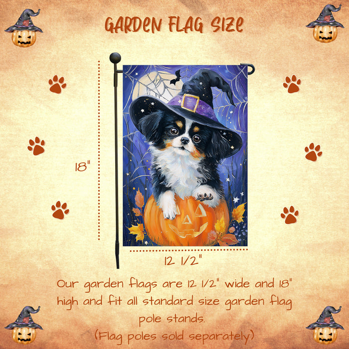 Japanese Chin Halloween Garden Flag 12.5 x 18 Inch Pumpkin Spider Web Witch Hat Dog Decor Spooky Fall Yard Banner Single or Double Sided