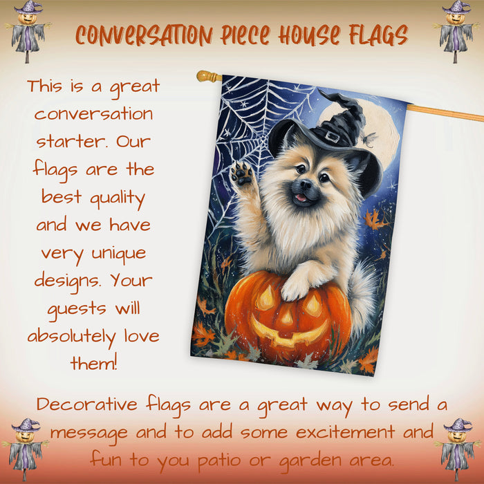 Keeshond Halloween Fall Witch Hat House Flag 28 x 40 Inch Double Sided Pumpkin Bat Spider Web Porch Banner Outdoor Yard Decoration