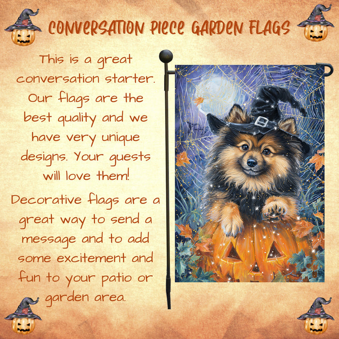 Keeshond Welcome Halloween Garden Flag 12.5 x 18 Inch Pumpkin Lantern Spider Web Dog Yard Banner Outdoor Fall Decor Single or Double Sided