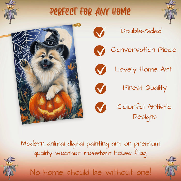 Keeshond Halloween Fall Witch Hat House Flag 28 x 40 Inch Double Sided Pumpkin Bat Spider Web Porch Banner Outdoor Yard Decoration