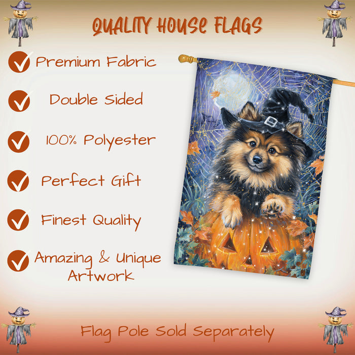 Keeshond Welcome Halloween House Flag 28 x 40 Inch Double Sided Pumpkin Lantern Spider Web Fall Porch Banner Outdoor Yard Decoration