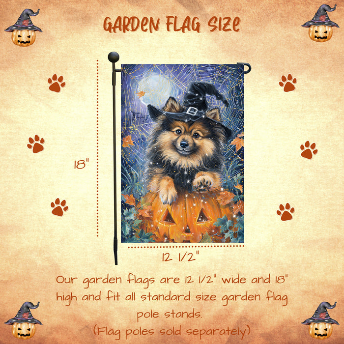Keeshond Welcome Halloween Garden Flag 12.5 x 18 Inch Pumpkin Lantern Spider Web Dog Yard Banner Outdoor Fall Decor Single or Double Sided
