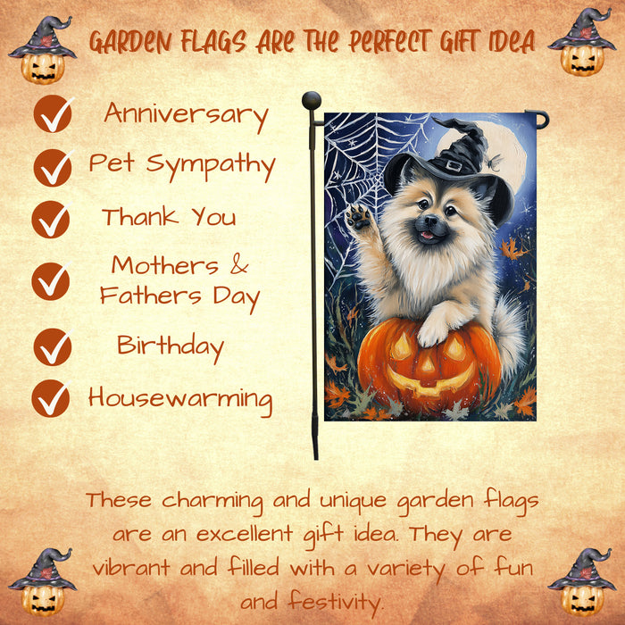 Keeshond Fall Autumn Witch Hat Garden Flag 12.5 x 18 Inch Pumpkin Bat Spider Web Outdoor Yard Decoration for Halloween Single or Double Sided