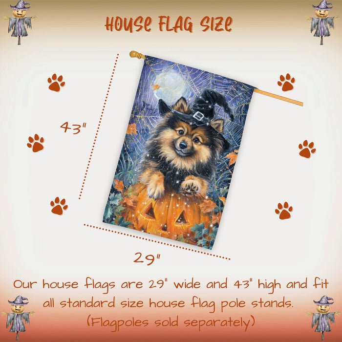 Keeshond Welcome Halloween House Flag 28 x 40 Inch Double Sided Pumpkin Lantern Spider Web Fall Porch Banner Outdoor Yard Decoration