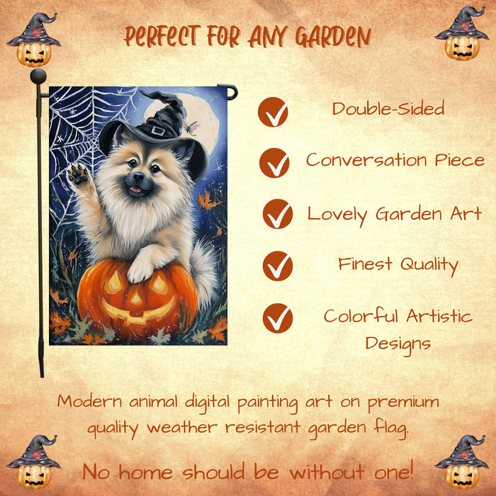 Keeshond Fall Autumn Witch Hat Garden Flag 12.5 x 18 Inch Pumpkin Bat Spider Web Outdoor Yard Decoration for Halloween Single or Double Sided