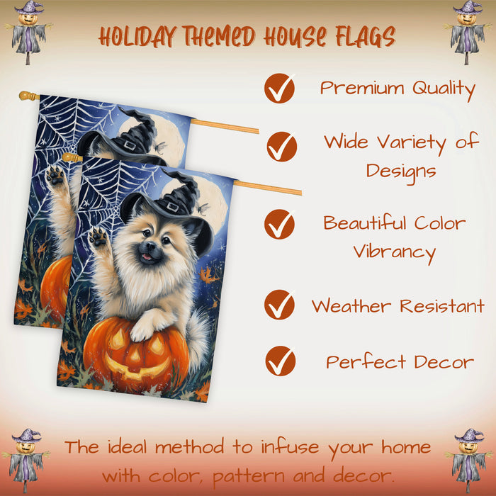 Keeshond Halloween Fall Witch Hat House Flag 28 x 40 Inch Double Sided Pumpkin Bat Spider Web Porch Banner Outdoor Yard Decoration
