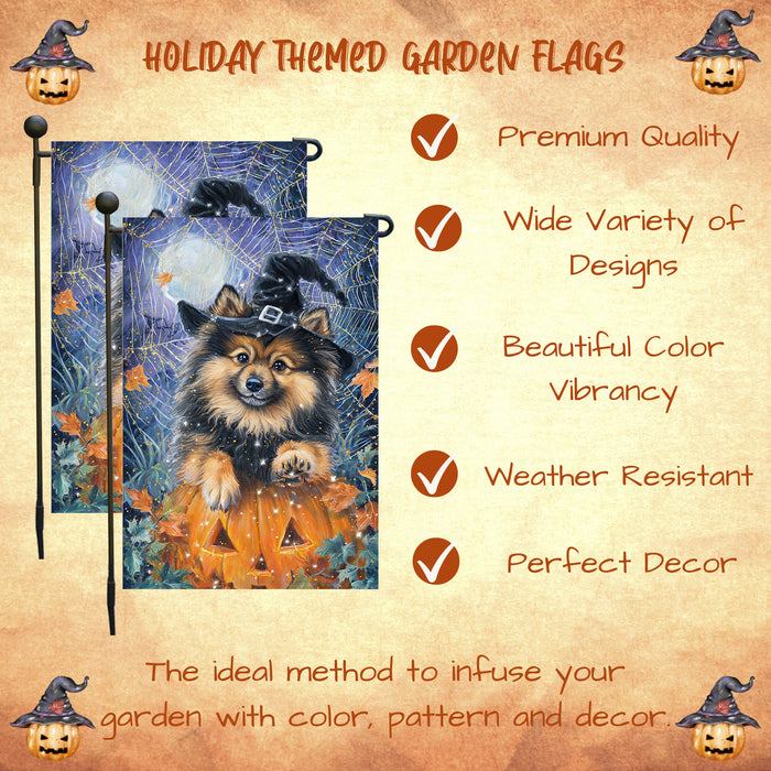 Keeshond Welcome Halloween Garden Flag 12.5 x 18 Inch Pumpkin Lantern Spider Web Dog Yard Banner Outdoor Fall Decor Single or Double Sided