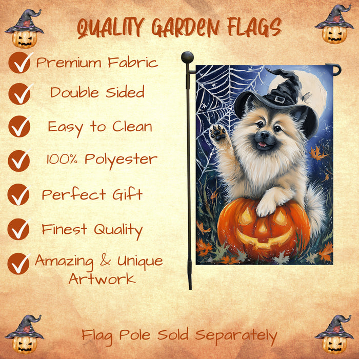 Keeshond Fall Autumn Witch Hat Garden Flag 12.5 x 18 Inch Pumpkin Bat Spider Web Outdoor Yard Decoration for Halloween Single or Double Sided