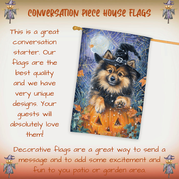 Keeshond Welcome Halloween House Flag 28 x 40 Inch Double Sided Pumpkin Lantern Spider Web Fall Porch Banner Outdoor Yard Decoration