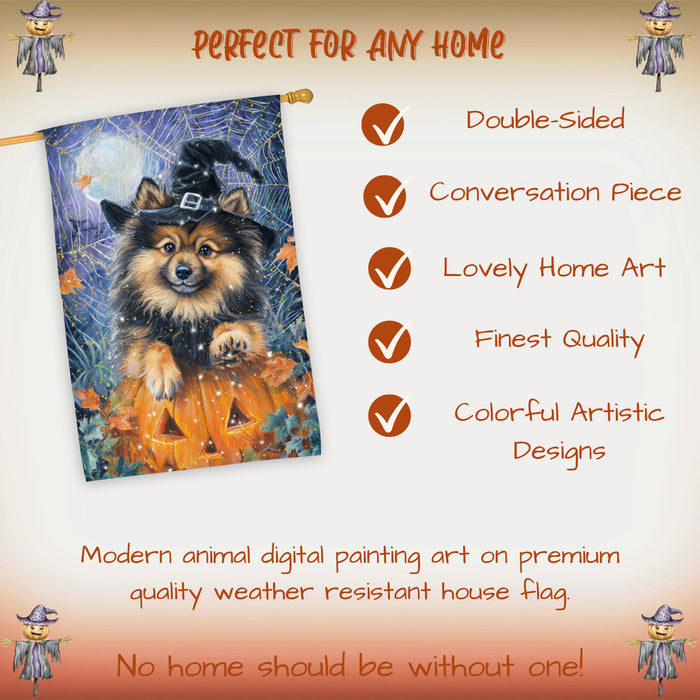 Keeshond Welcome Halloween House Flag 28 x 40 Inch Double Sided Pumpkin Lantern Spider Web Fall Porch Banner Outdoor Yard Decoration