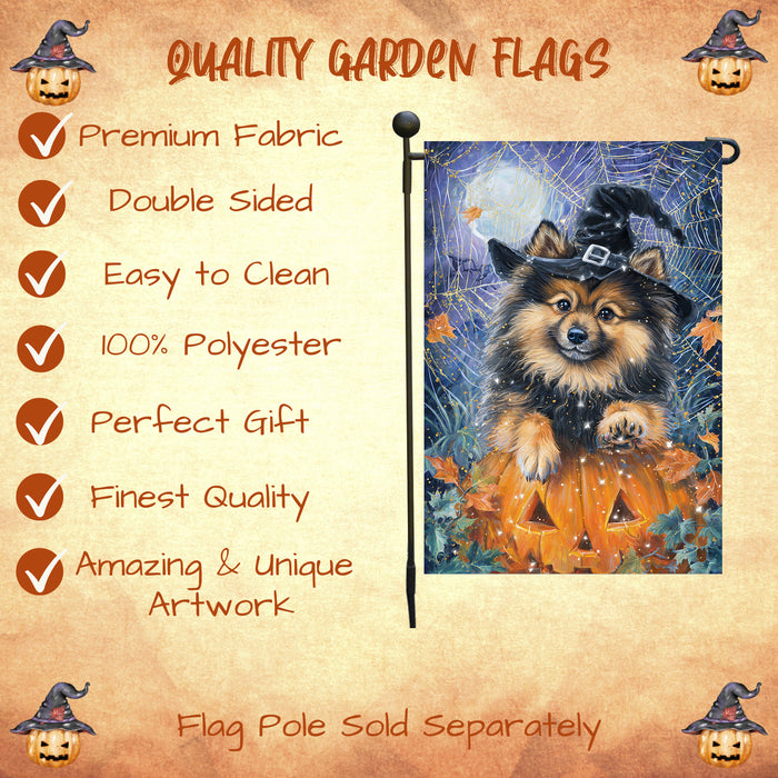 Keeshond Welcome Halloween Garden Flag 12.5 x 18 Inch Pumpkin Lantern Spider Web Dog Yard Banner Outdoor Fall Decor Single or Double Sided